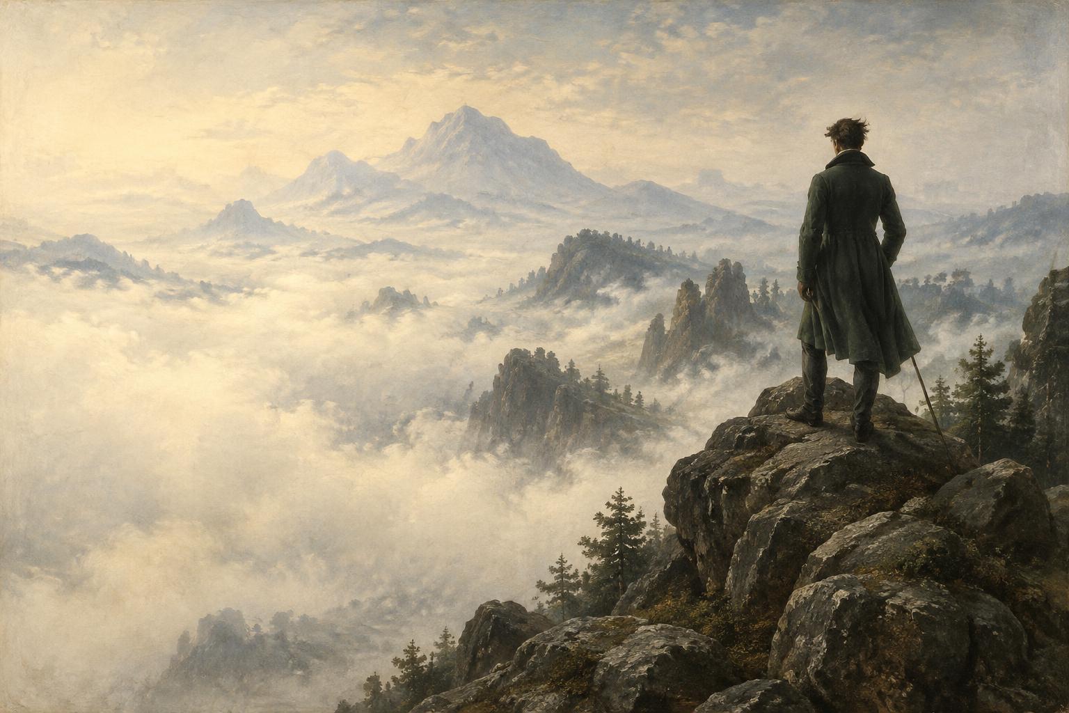 Künstlerische Neuinterpretation des Wanderers über dem Nebelmeer: eine Rückenfigur auf einem Felsen vor nebligen Bergketten.